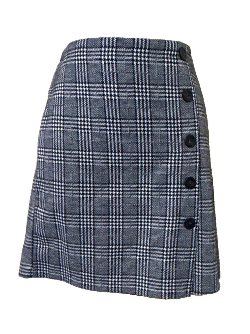 Windsor Plaid A-Line Mini Skirt High Rise Button Accent Gray Black White M